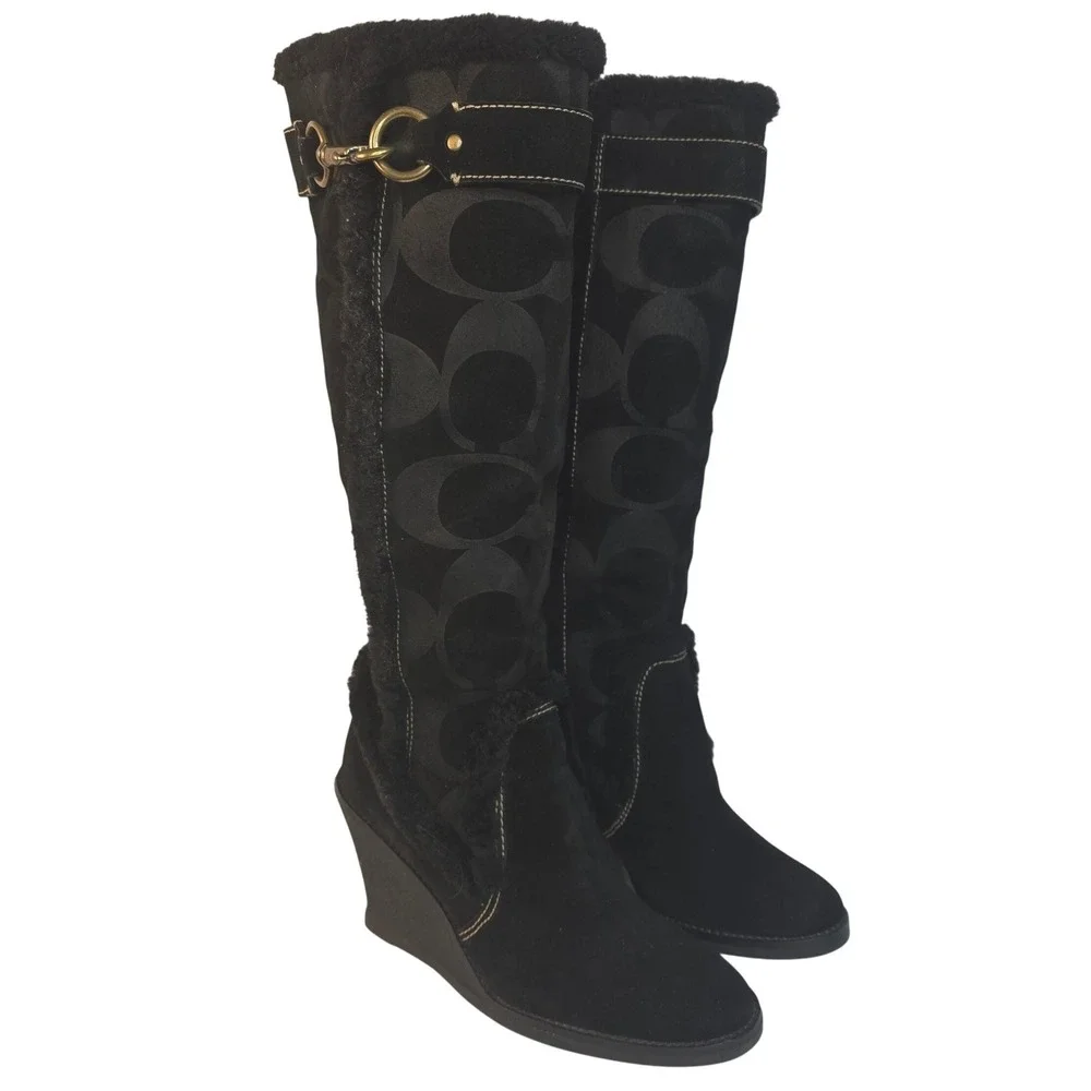 Coach Jonie Black Suede Signature Monogram Wedge Boots Womens 6.5M